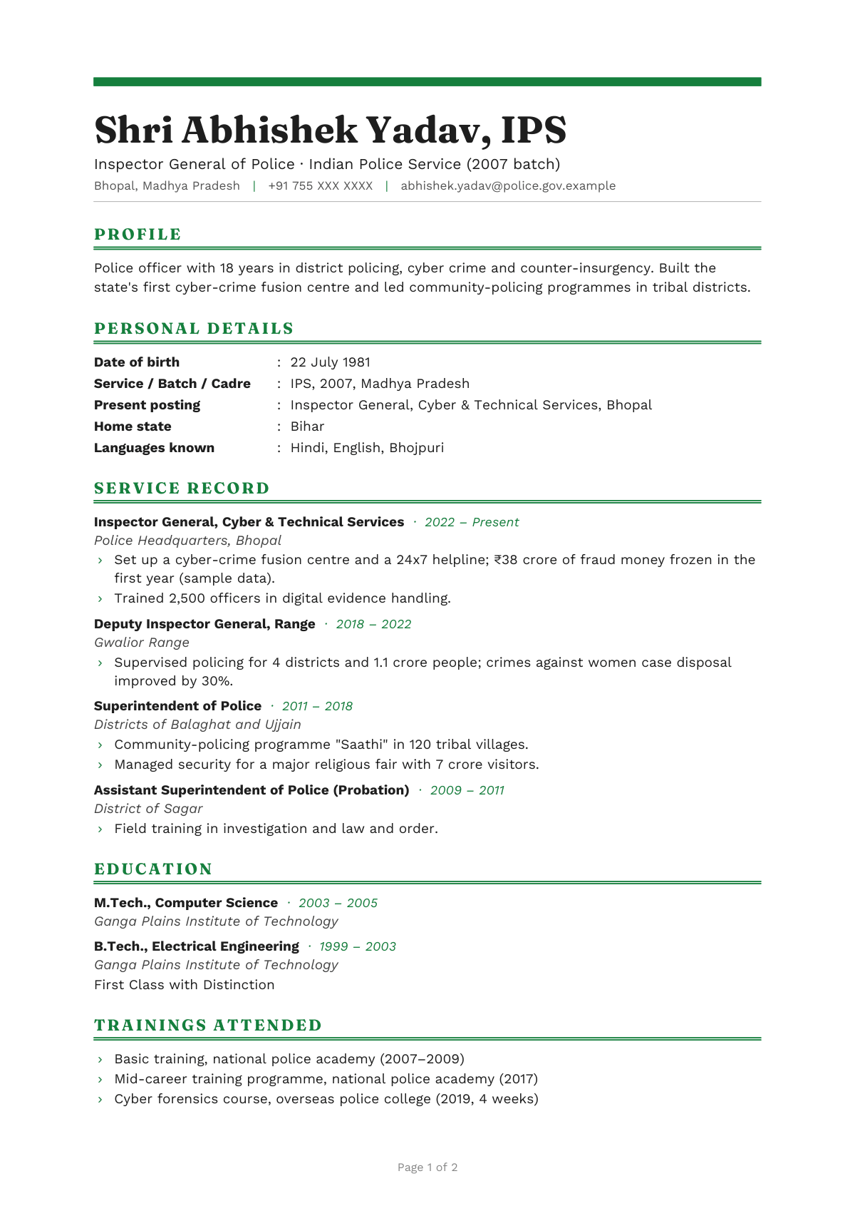 Inspector General of Police · Indian Police Service (2007 batch) — CV template preview