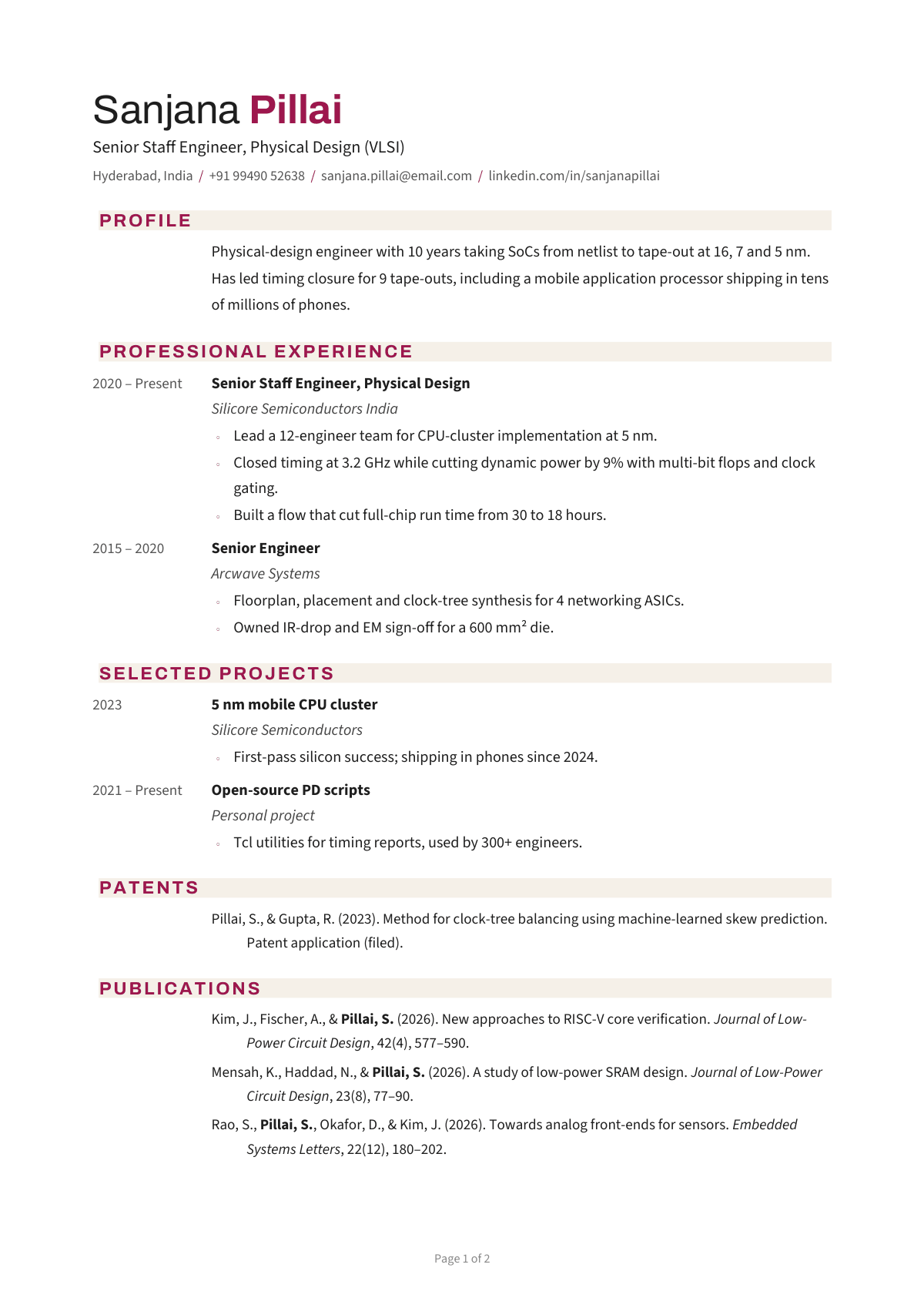 Senior Staff Engineer, Physical Design (VLSI) — CV template preview