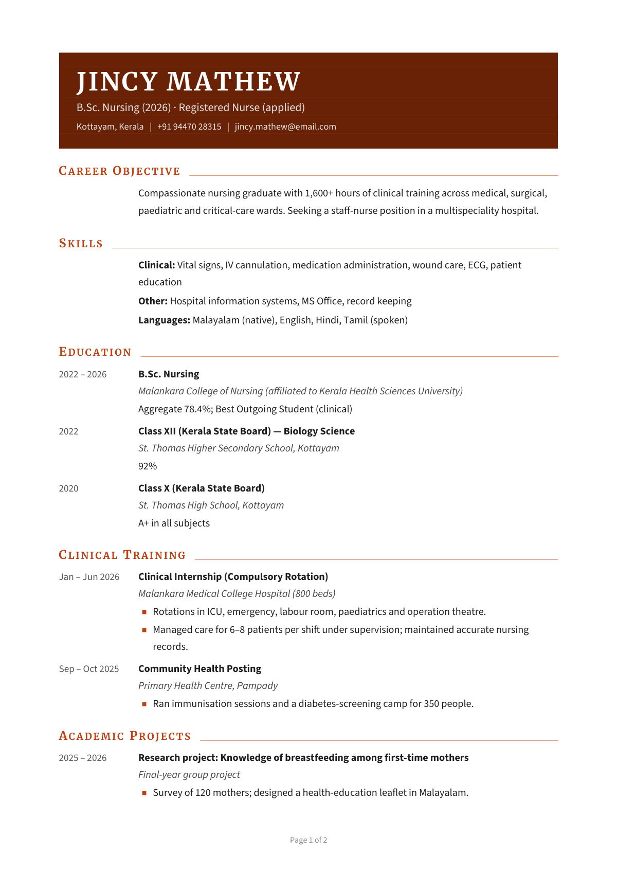 B.Sc. Nursing (2026) · Registered Nurse (applied) — CV template preview