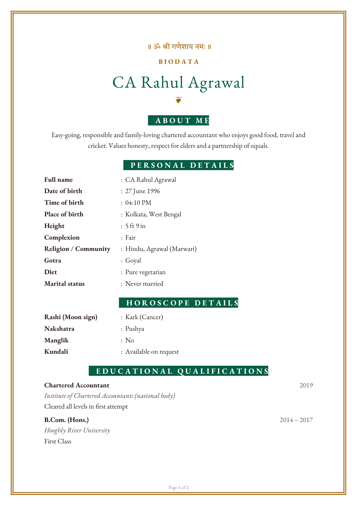 Marriage Biodata — CV template preview