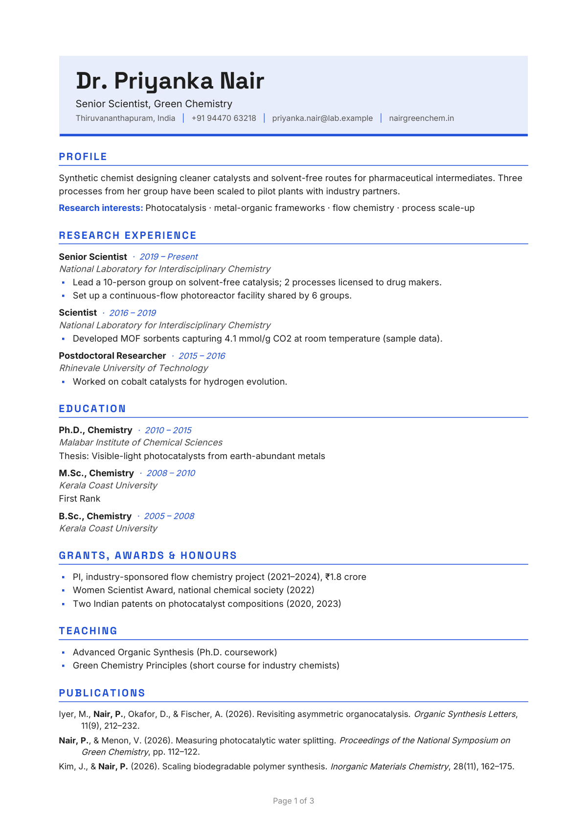 Senior Scientist, Green Chemistry — CV template preview