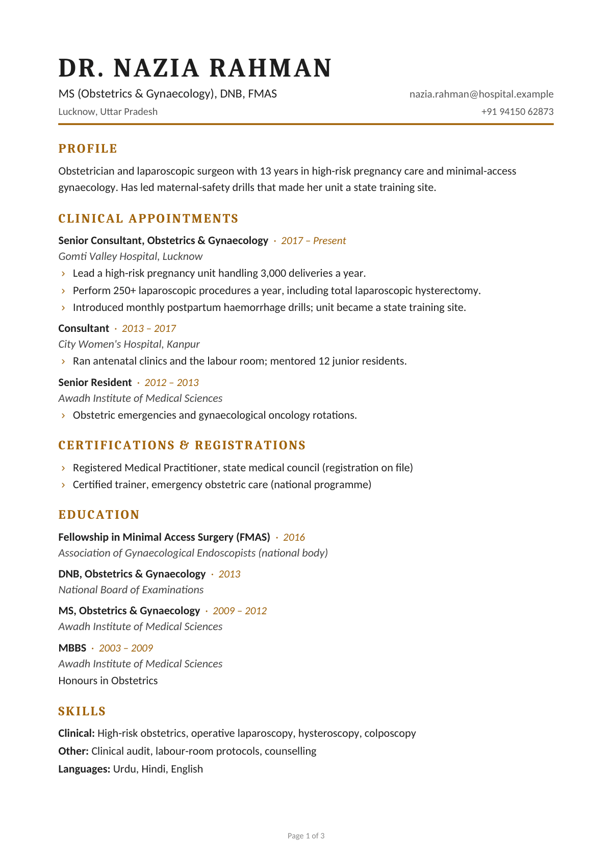 MS (Obstetrics & Gynaecology), DNB, FMAS — CV template preview
