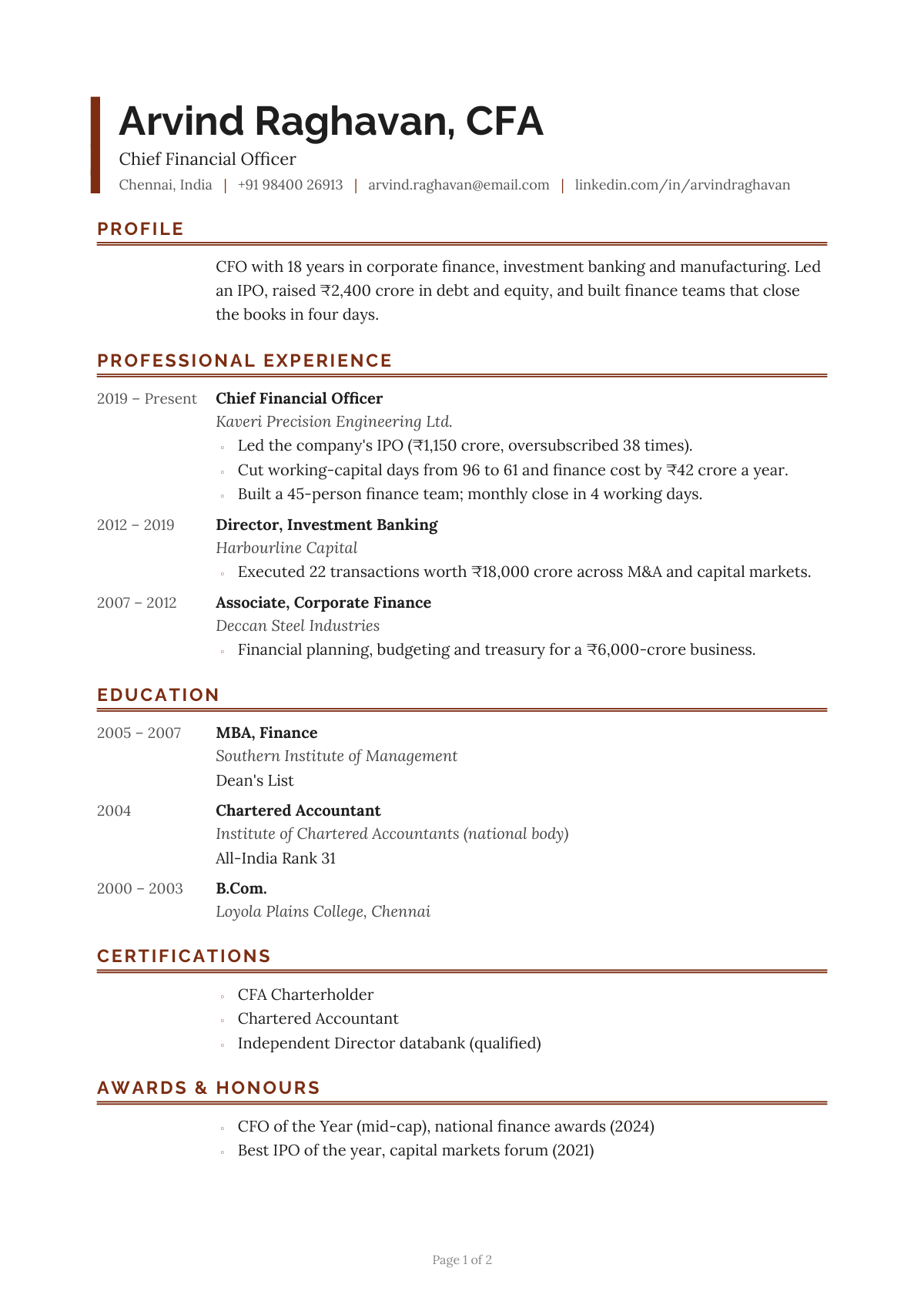 Chief Financial Officer — CV template preview