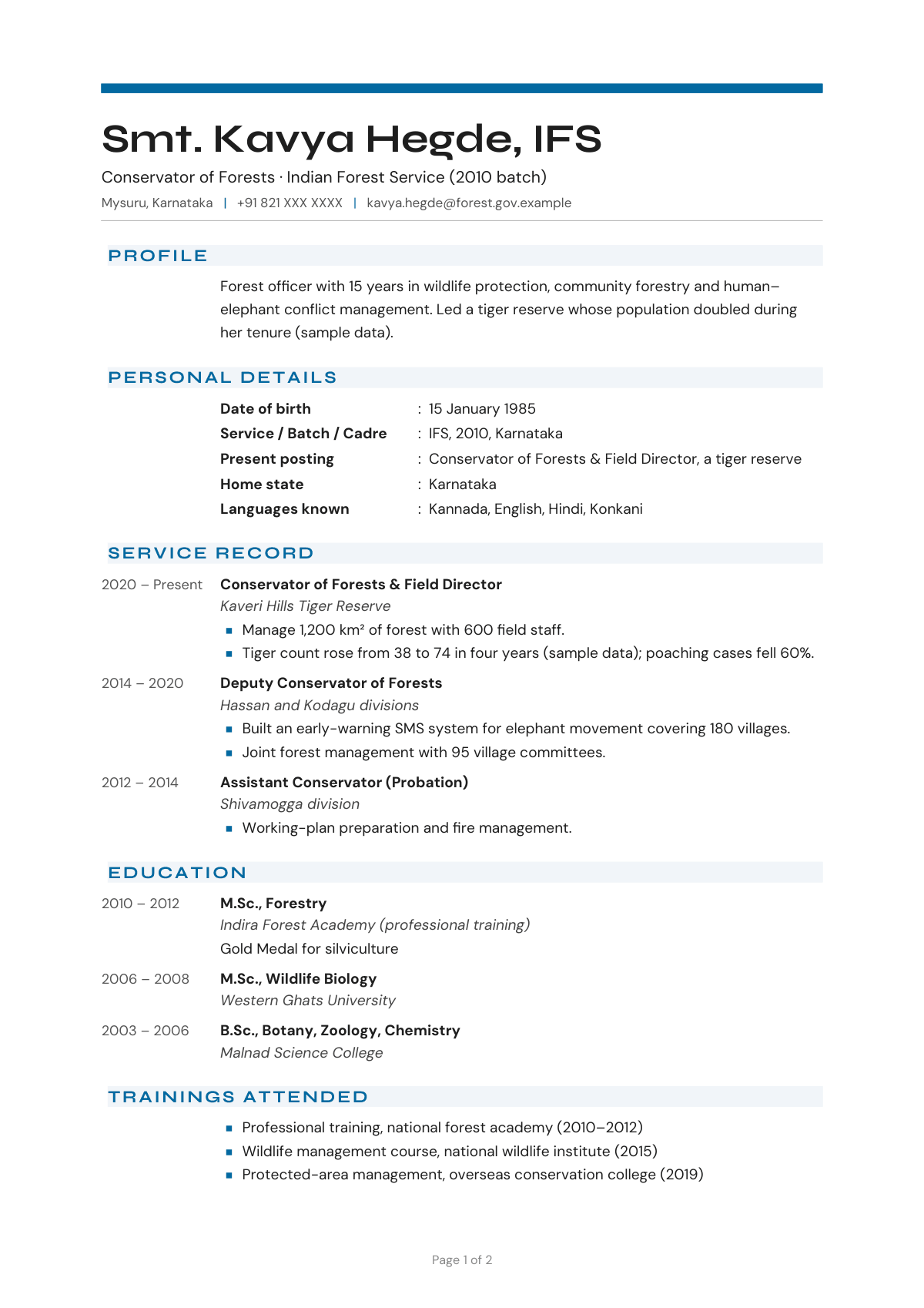 Conservator of Forests · Indian Forest Service (2010 batch) — CV template preview