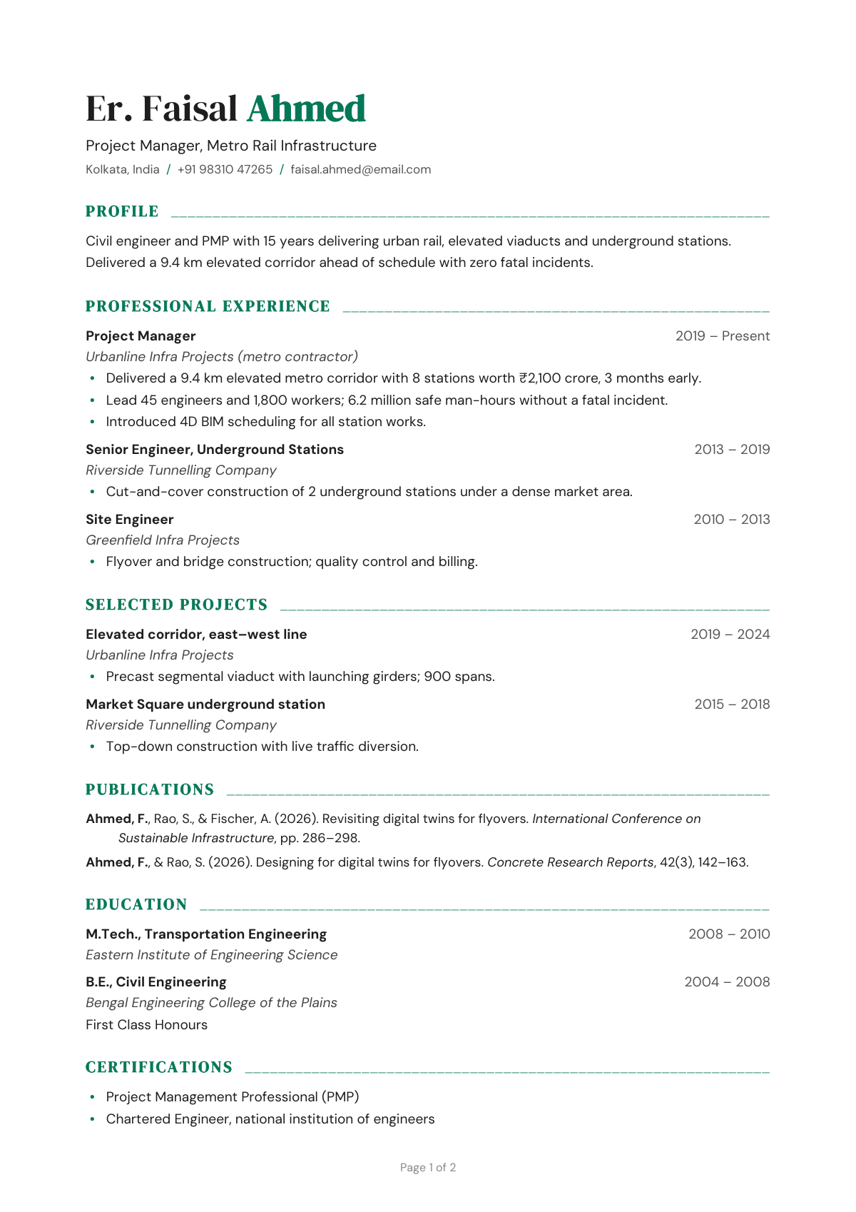 Project Manager, Metro Rail Infrastructure — CV template preview