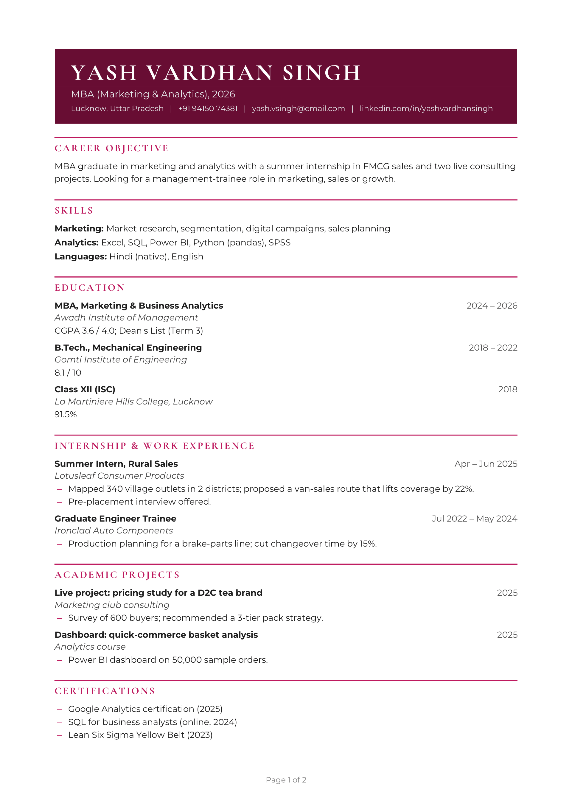 MBA (Marketing & Analytics), 2026 — page 1 preview