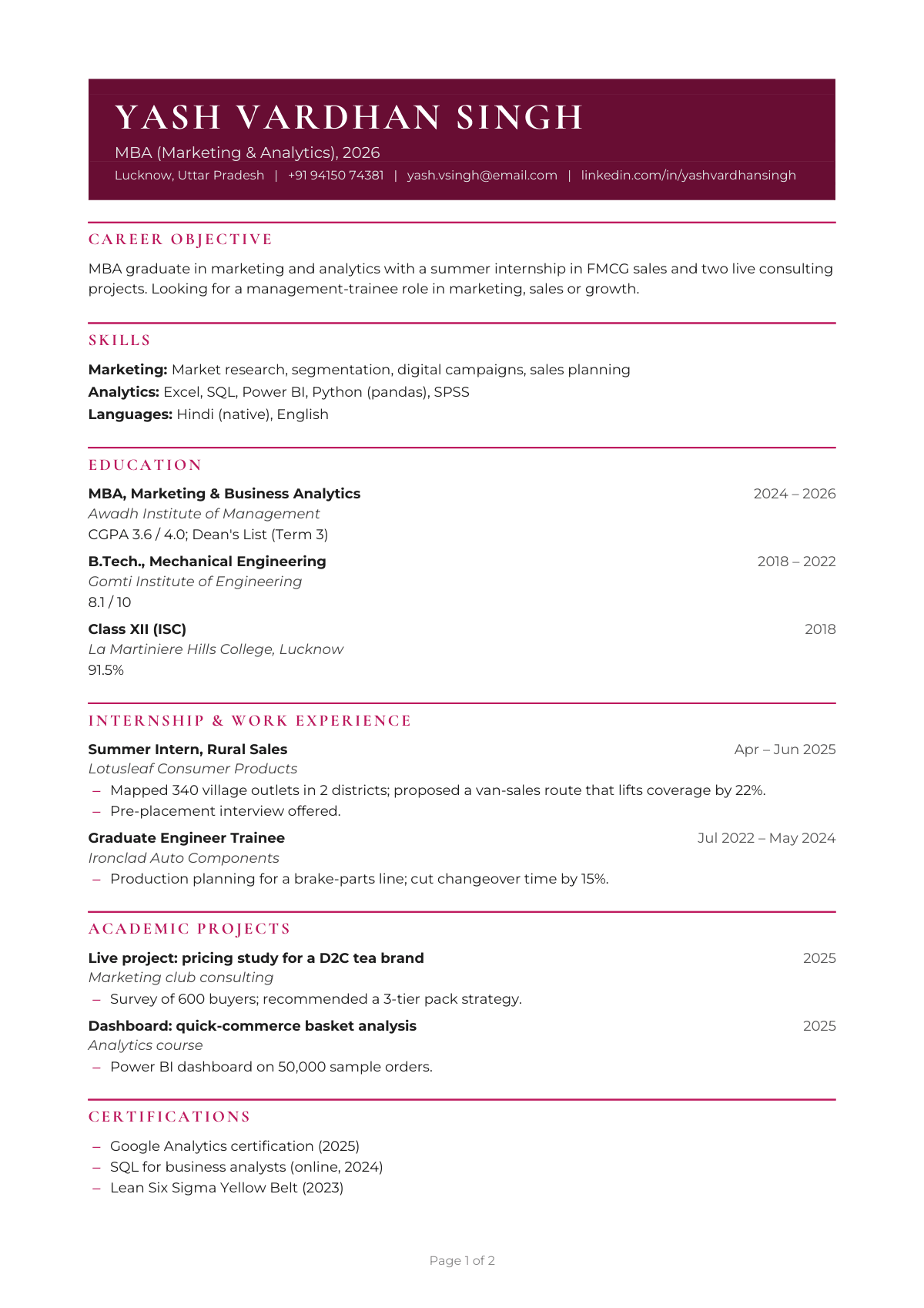 MBA (Marketing & Analytics), 2026 — CV template preview