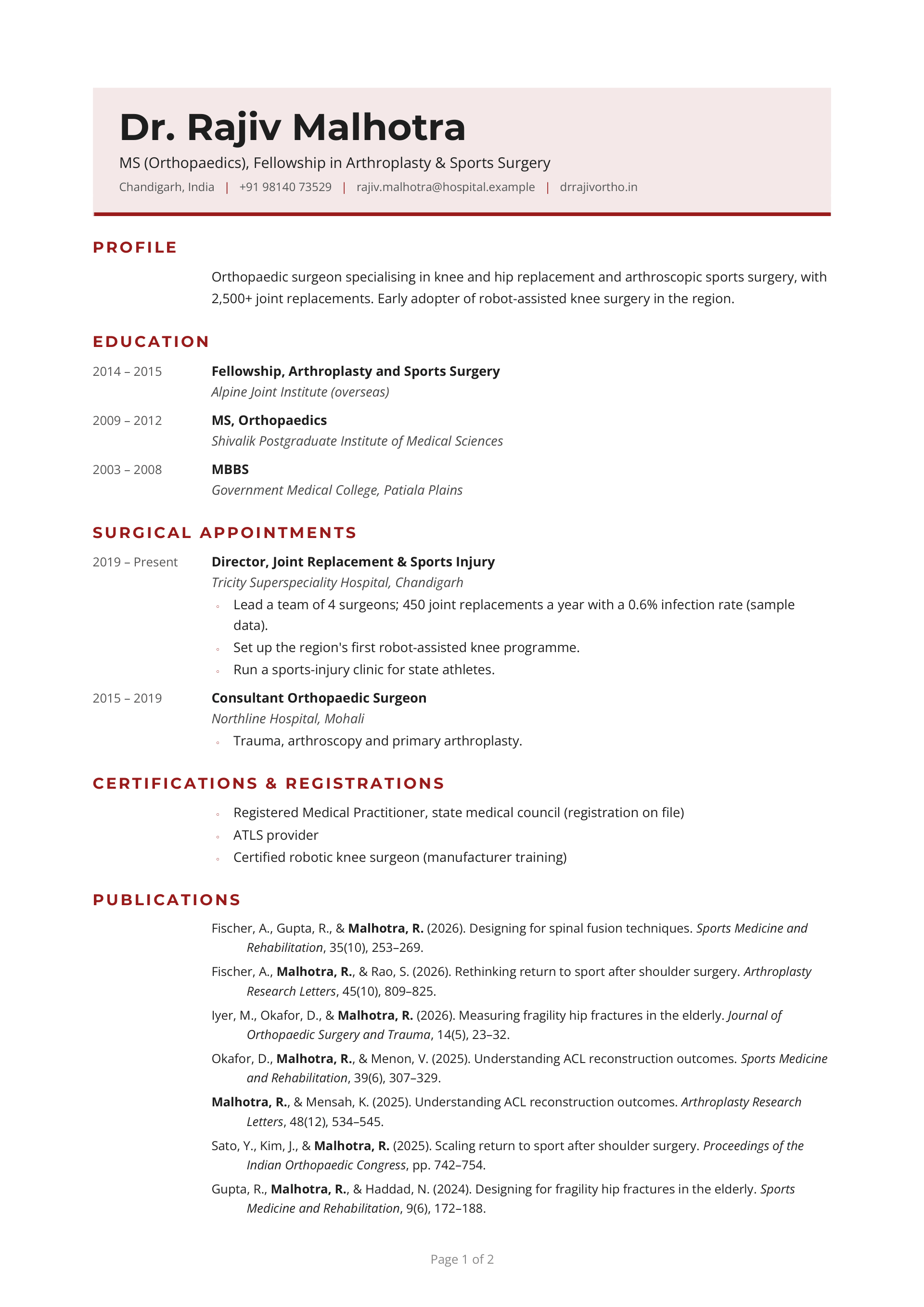 MS (Orthopaedics), Fellowship in Arthroplasty & Sports Surgery — page 1 preview