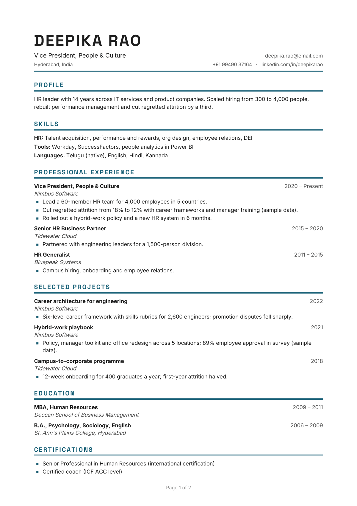 Vice President, People & Culture — CV template preview