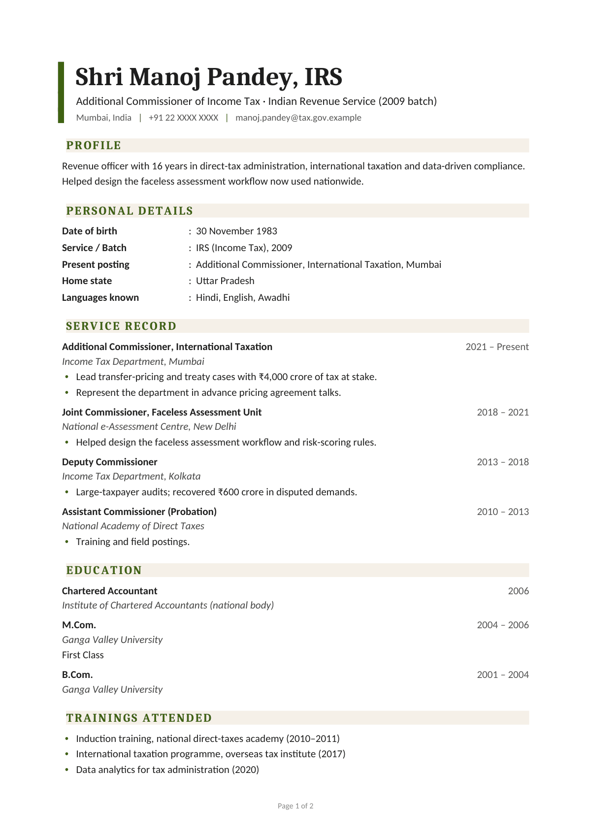 Additional Commissioner of Income Tax · Indian Revenue Service (2009 batch) — CV template preview