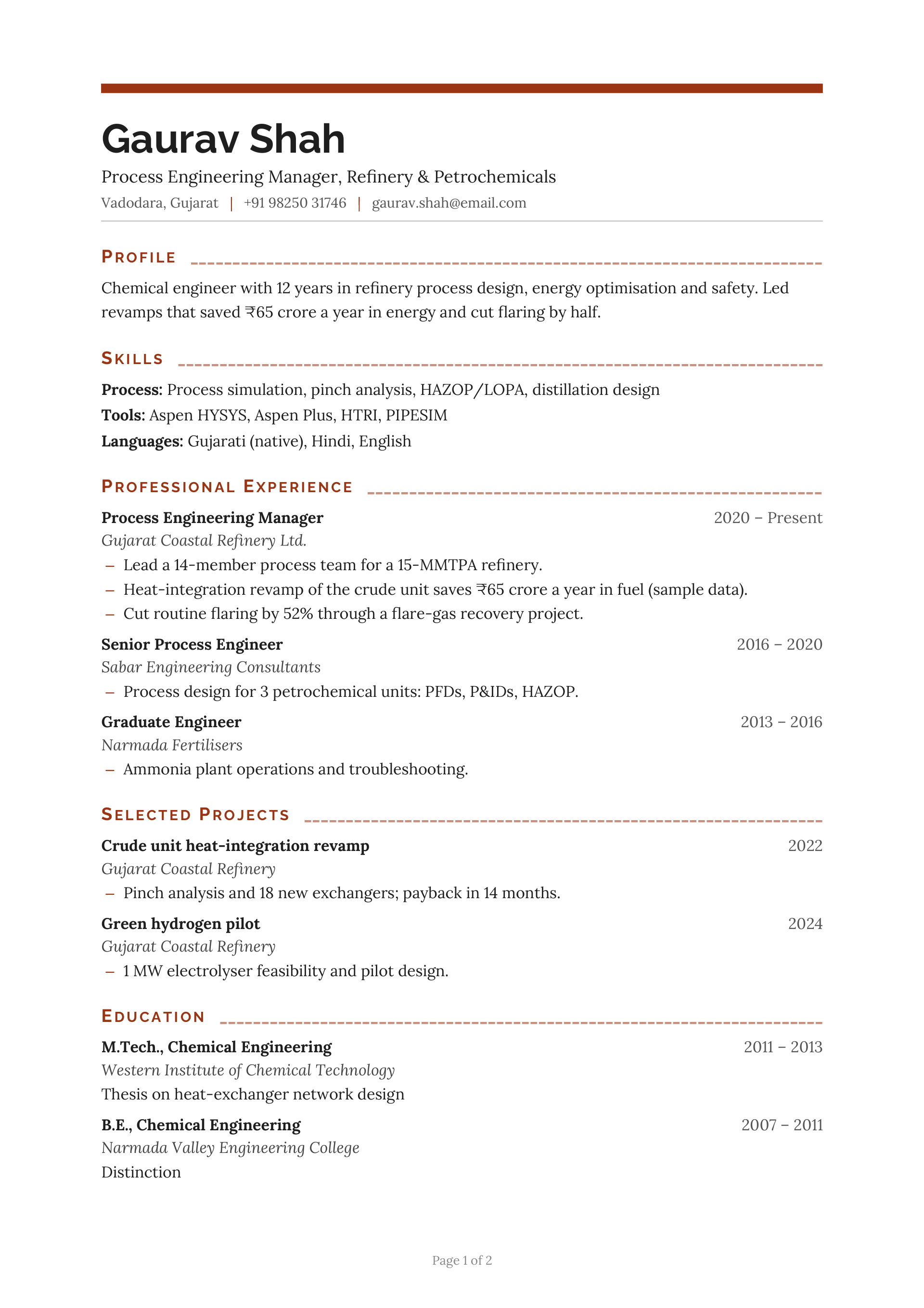 Process Engineering Manager, Refinery & Petrochemicals — page 1 preview