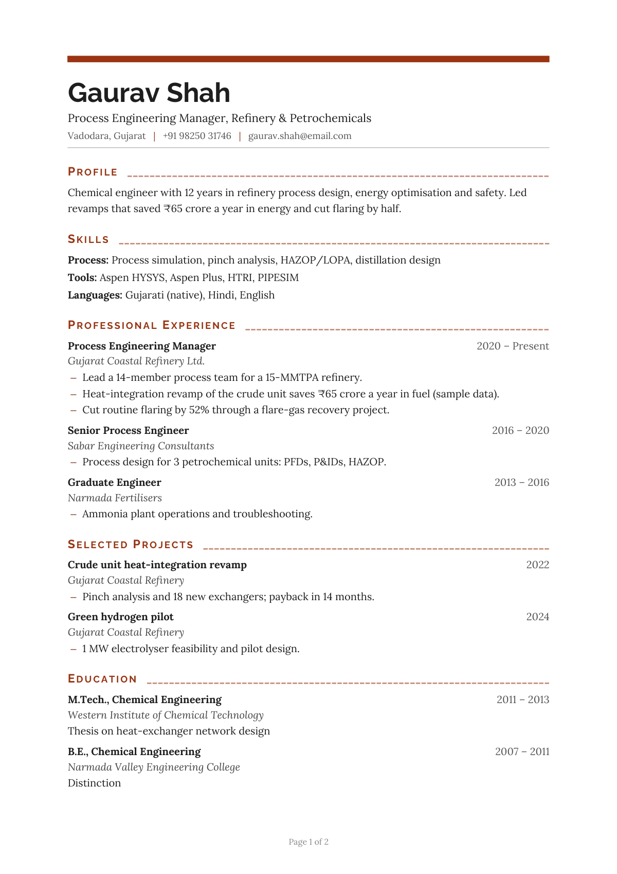Process Engineering Manager, Refinery & Petrochemicals — CV template preview