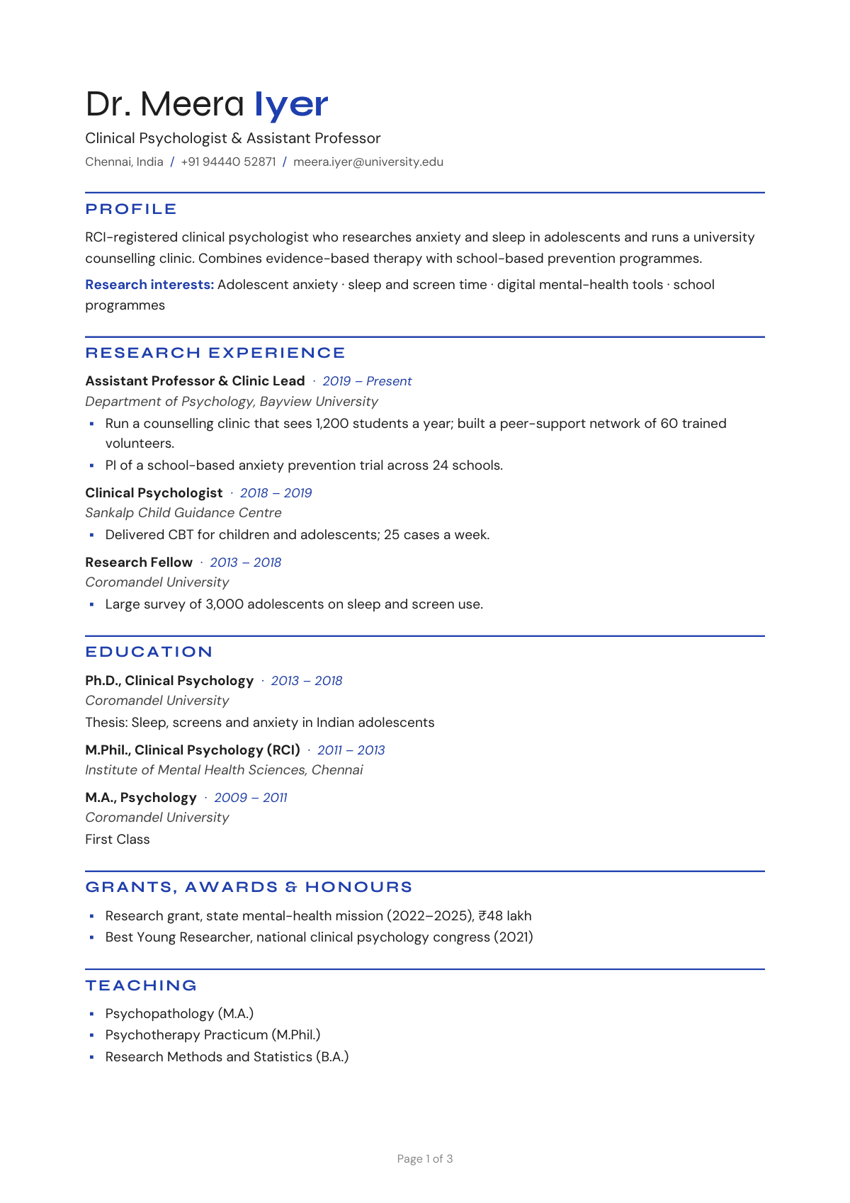 Clinical Psychologist & Assistant Professor — CV template preview