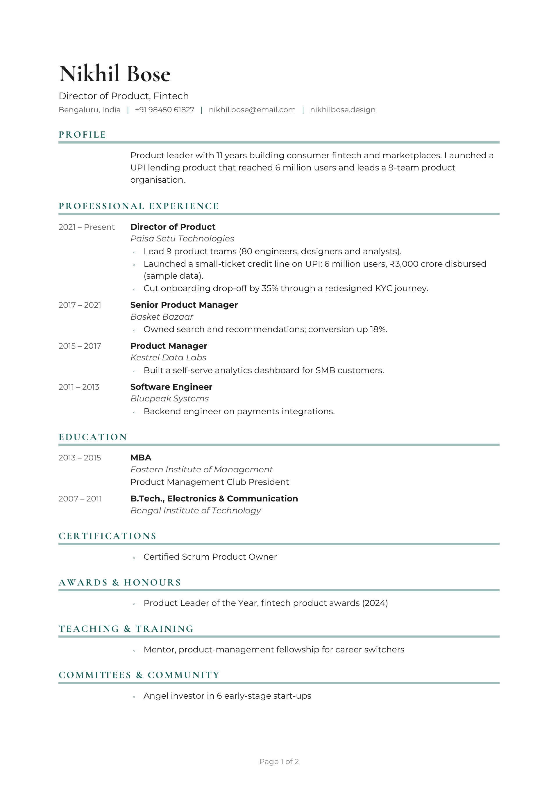 Director of Product, Fintech — page 1 preview