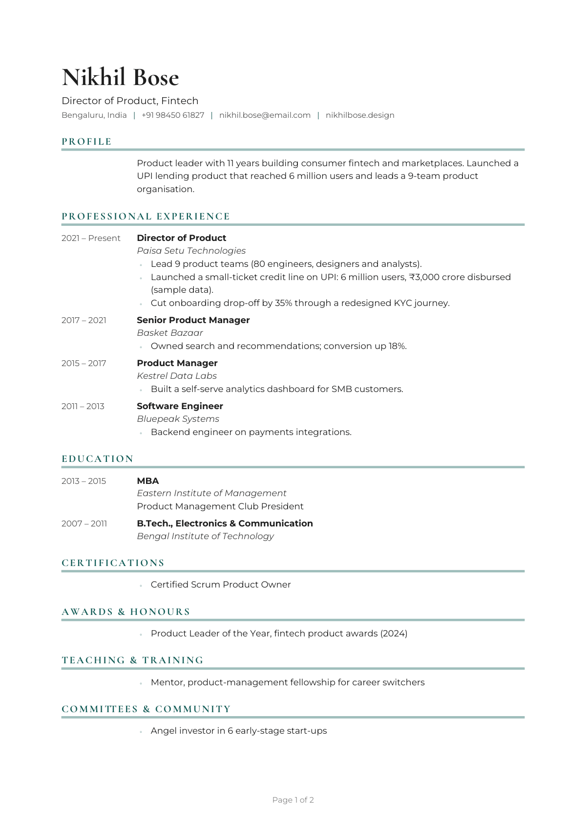 Director of Product, Fintech — CV template preview