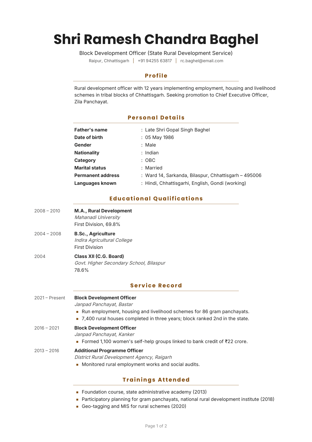 Block Development Officer (State Rural Development Service) — CV template preview