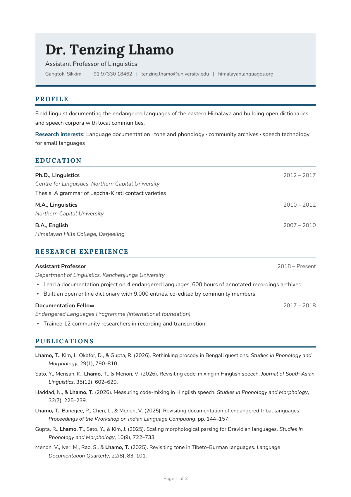 Assistant Professor of Linguistics — CV template preview