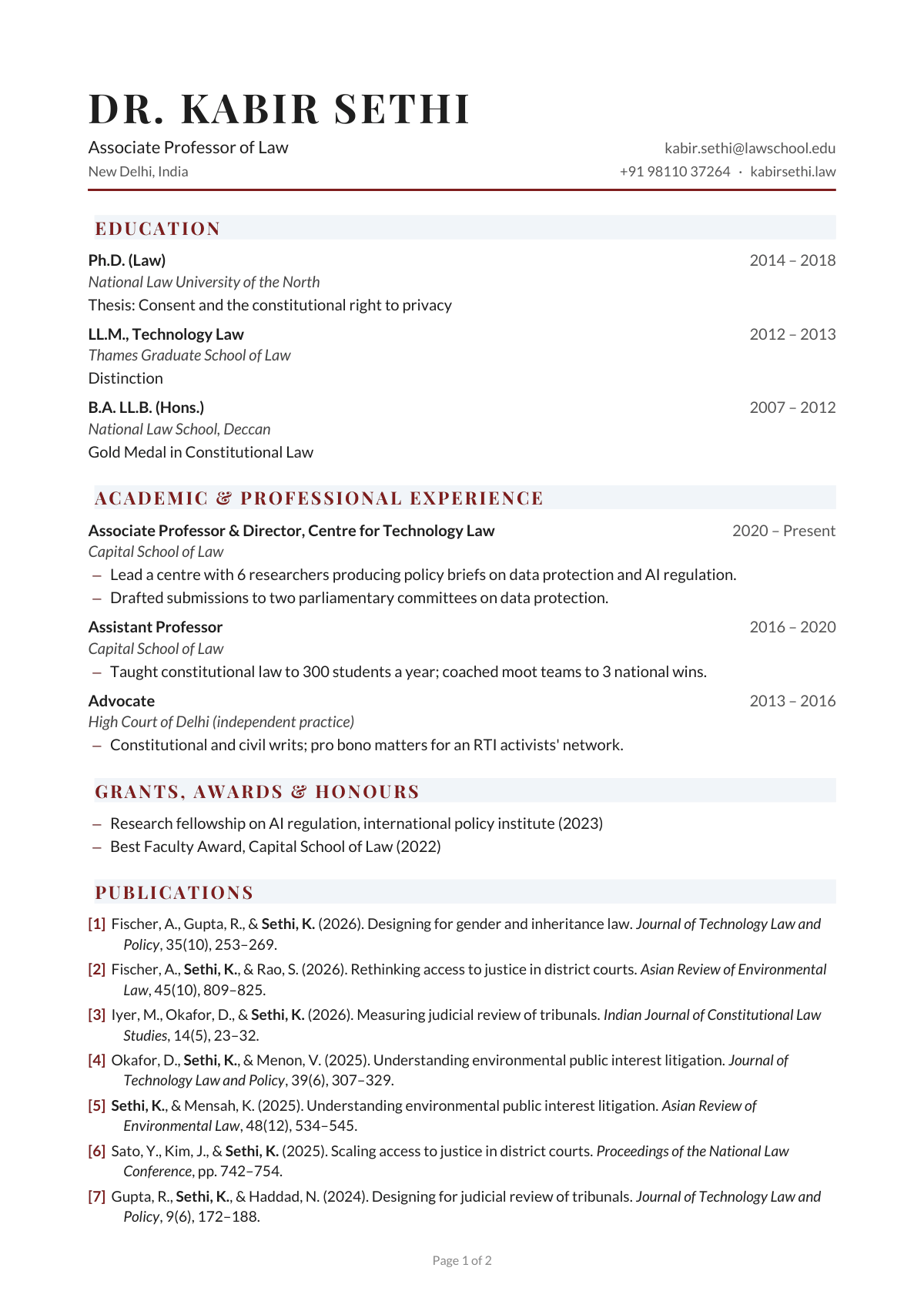 Associate Professor of Law — CV template preview