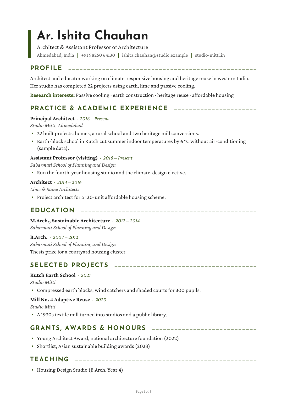 Architect & Assistant Professor of Architecture — CV template preview