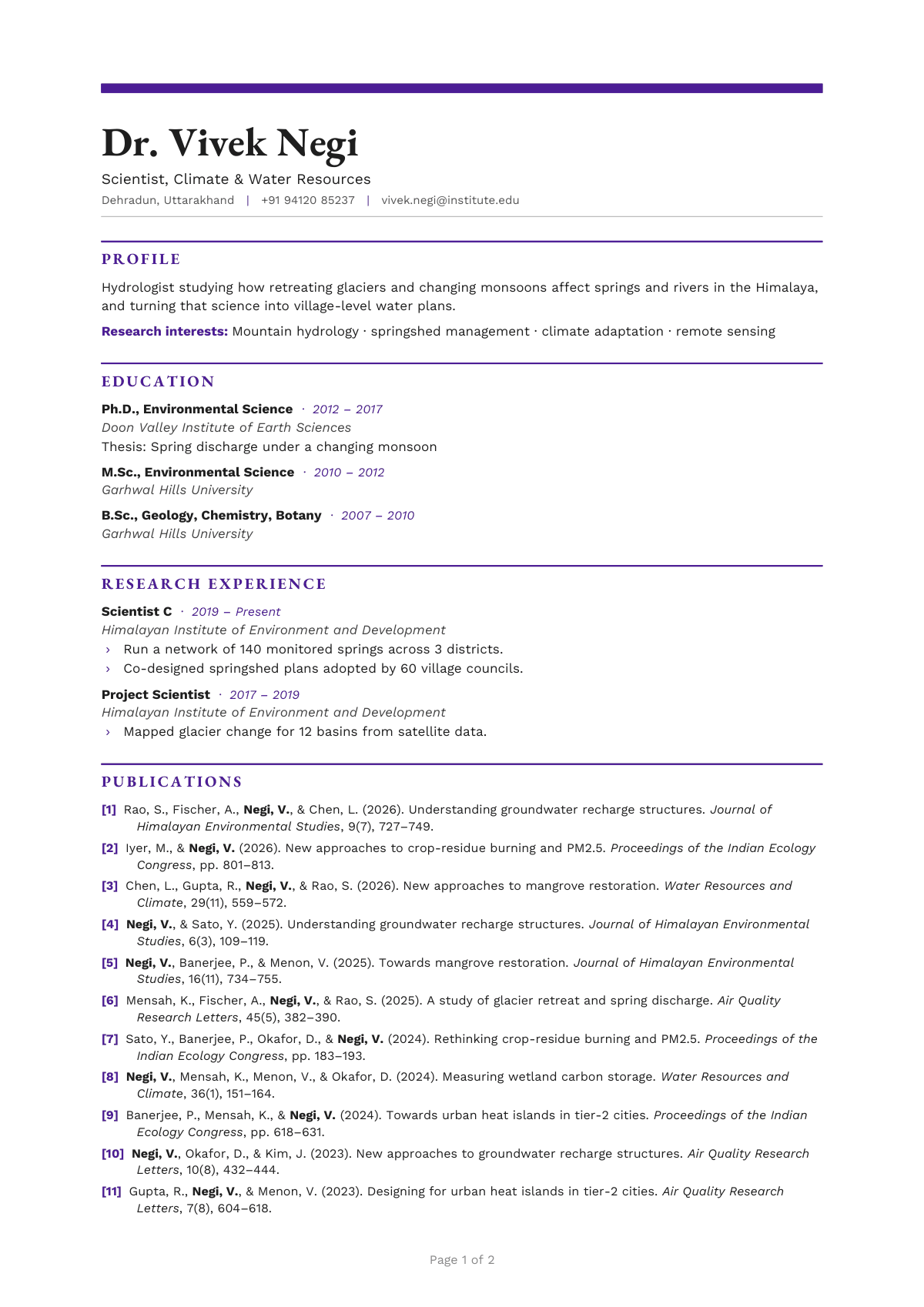 Scientist, Climate & Water Resources — CV template preview