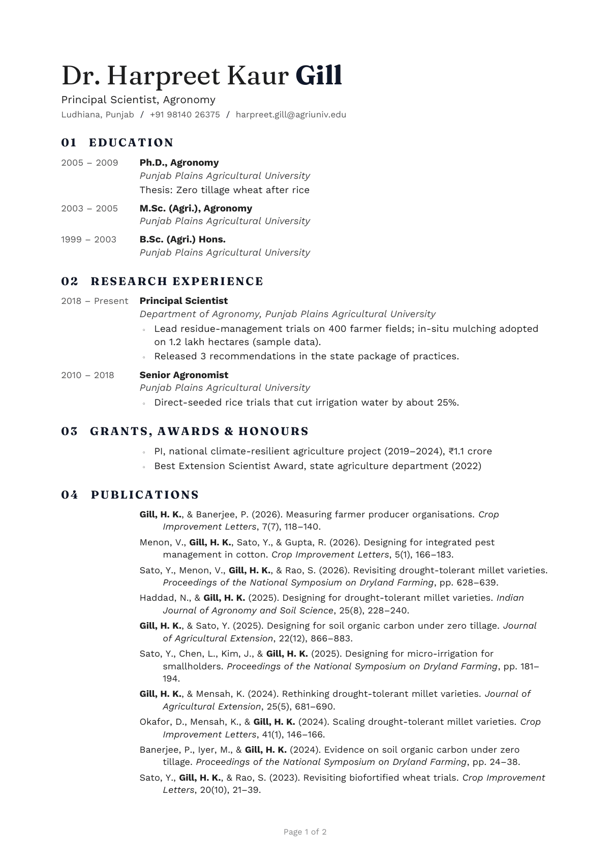 Principal Scientist, Agronomy — CV template preview