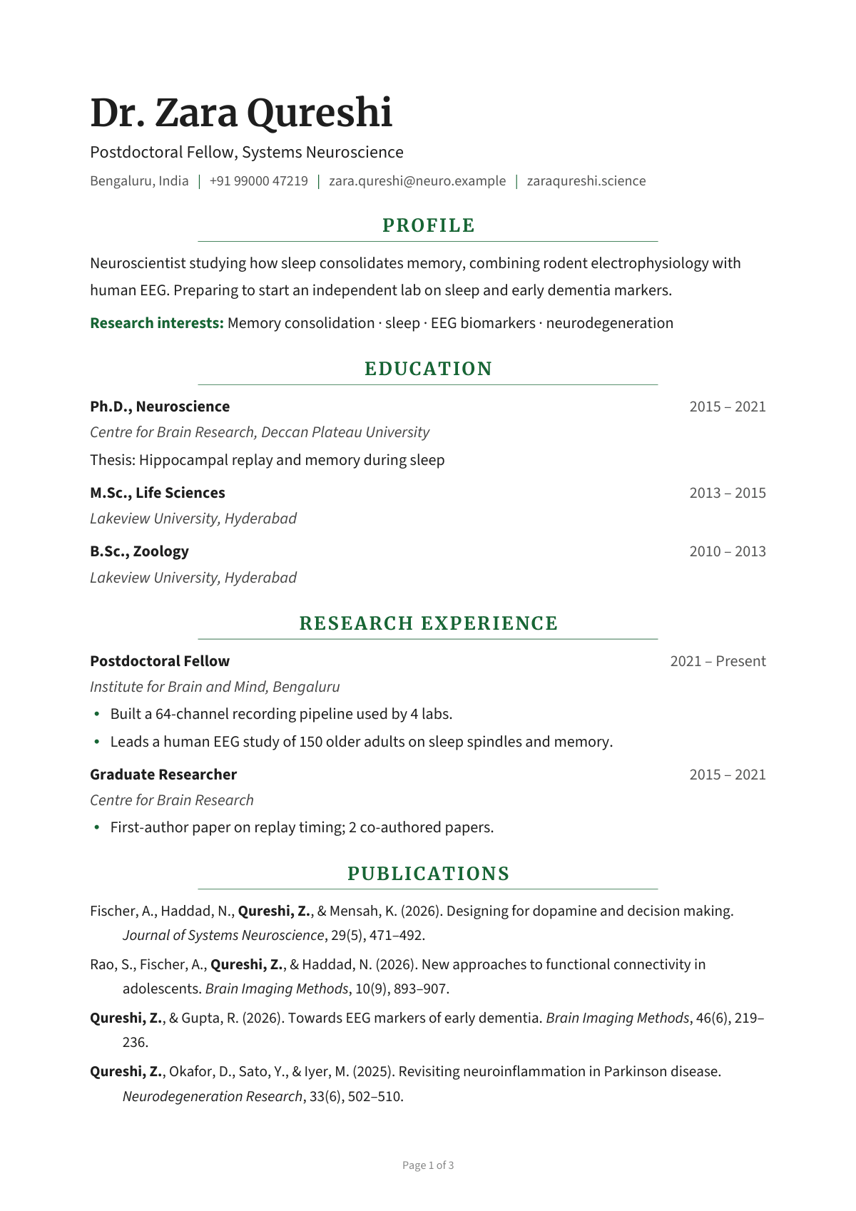 Postdoctoral Fellow, Systems Neuroscience — CV template preview