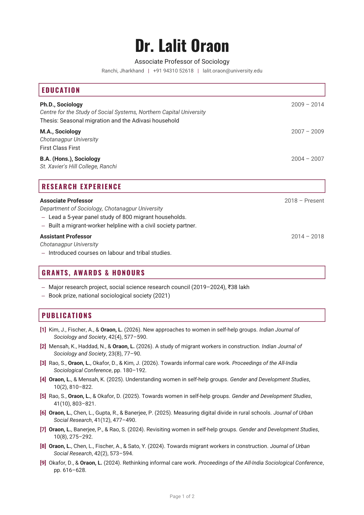 Associate Professor of Sociology — CV template preview