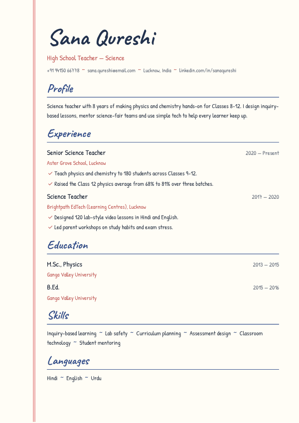 Notebook Notes — resume template preview