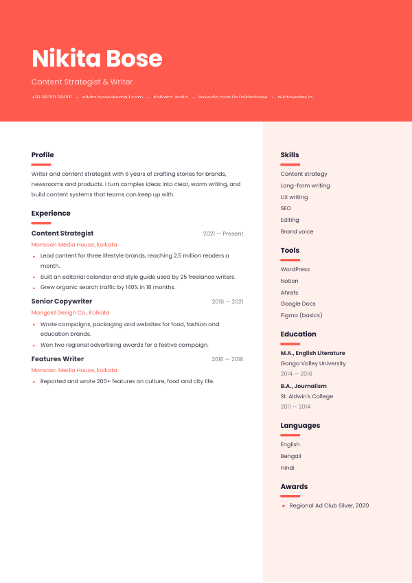Coral Bold — resume template preview