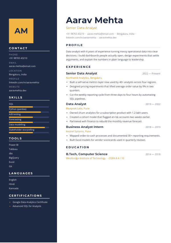 Navy Sidebar — resume template preview