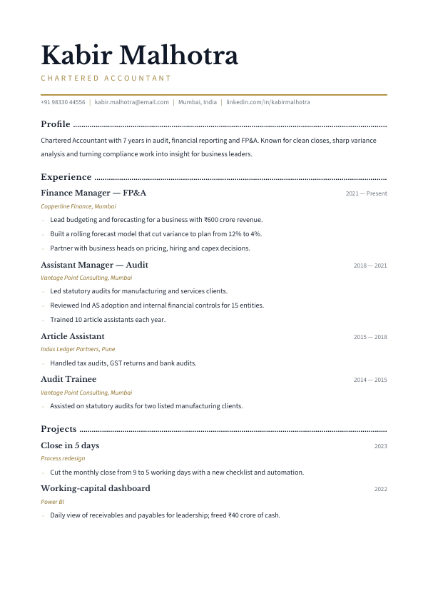 Ledger & Gold — resume template preview
