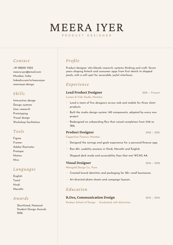 Champagne Columns — resume template preview