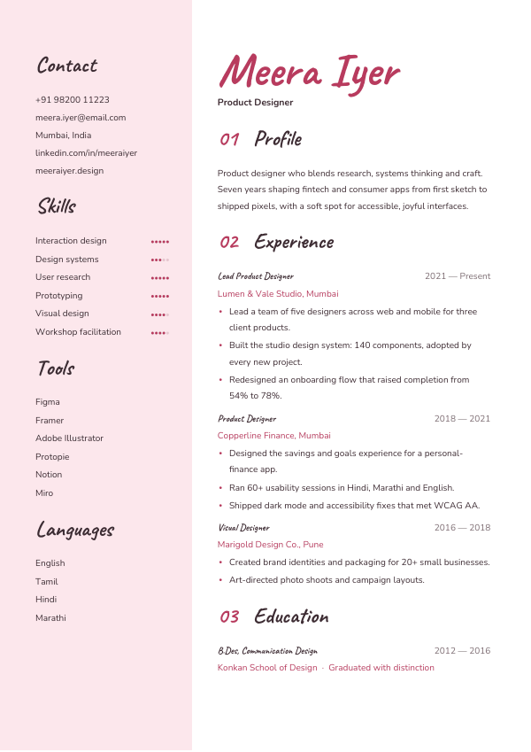 Caveat Blush — resume template preview