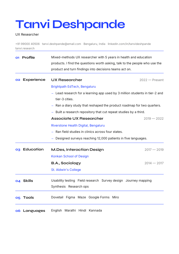 Studio Index — resume template preview