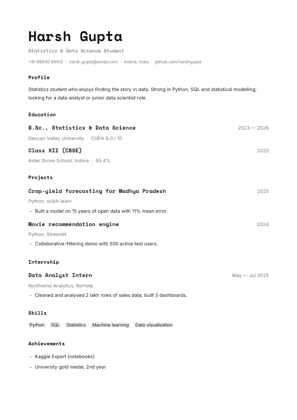 Soft Mono — resume template preview