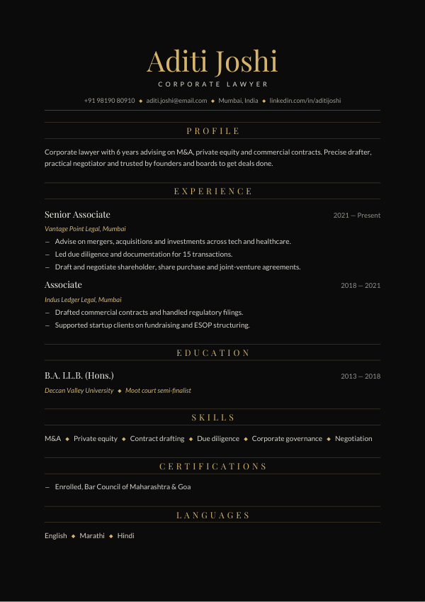 Black Tie Gold — resume template preview