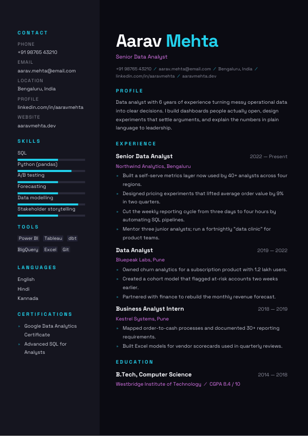 Midnight Neon — resume template preview