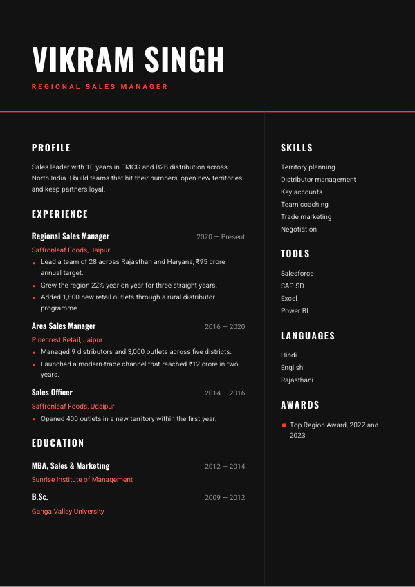 Carbon Red — resume template preview