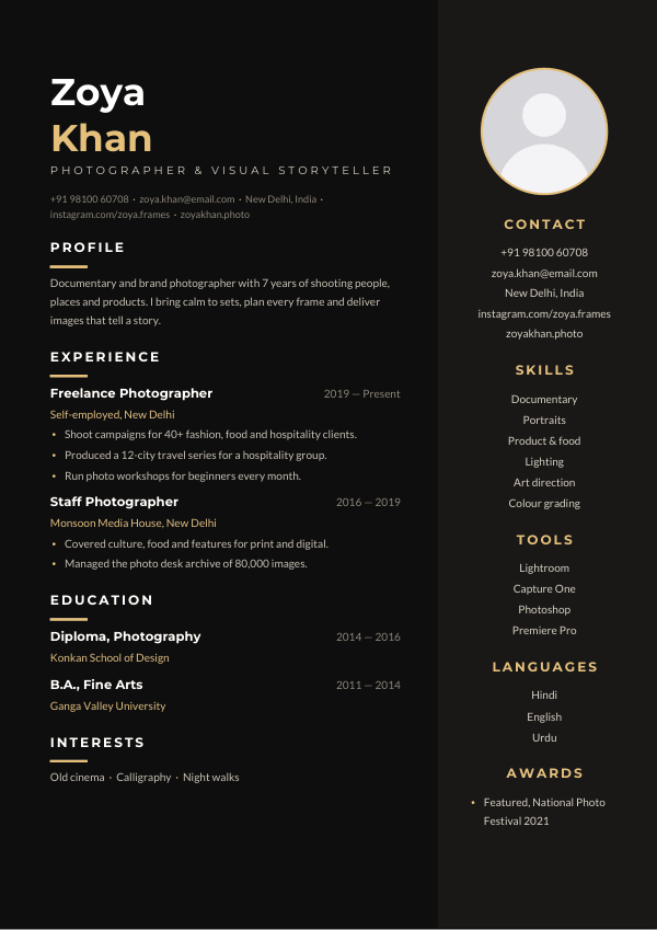 Noir Portrait — resume template preview
