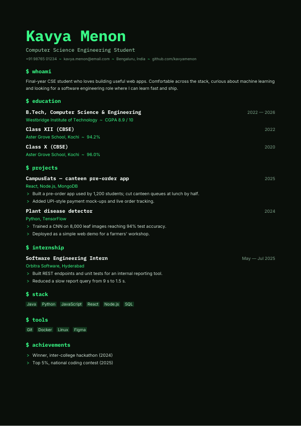 Terminal — resume template preview