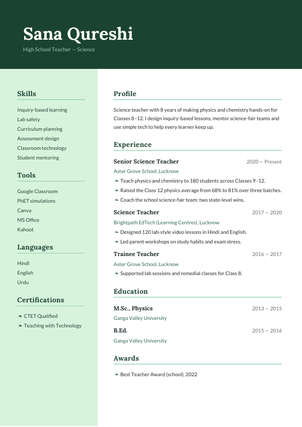 Forest Ledger — resume template preview