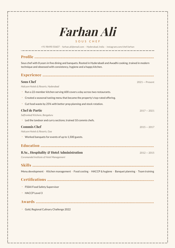 Chef’s Menu — resume template preview