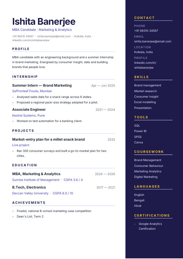 MBA Summer — resume template preview