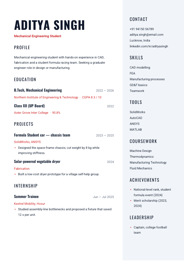 Engineer Fresher — resume template preview