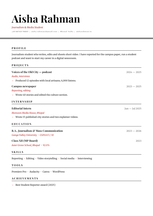 Newsroom Intern — resume template preview