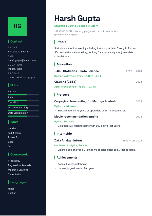 Data Fresher — resume template preview
