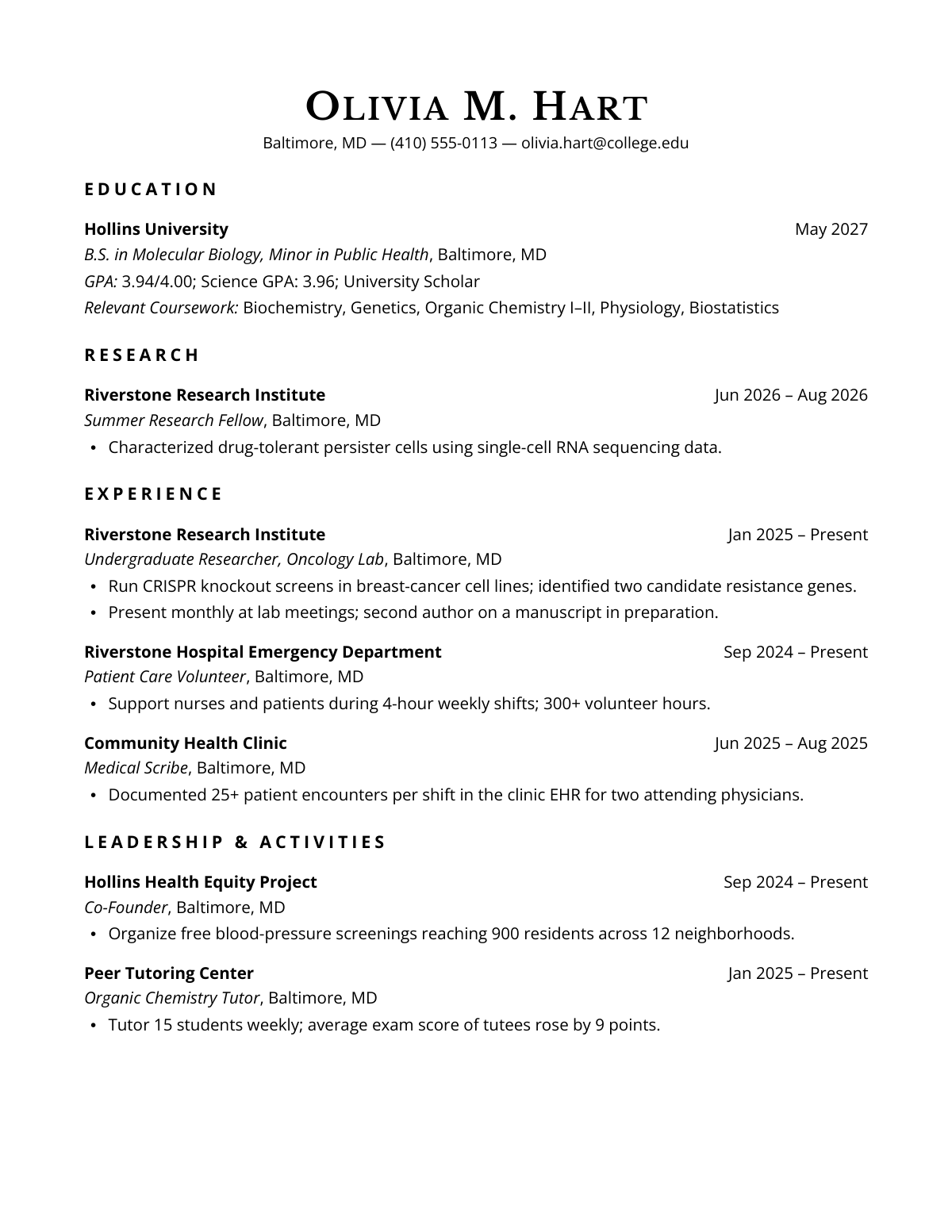 Ivy Beacon Edition — Pre-med — resume template preview