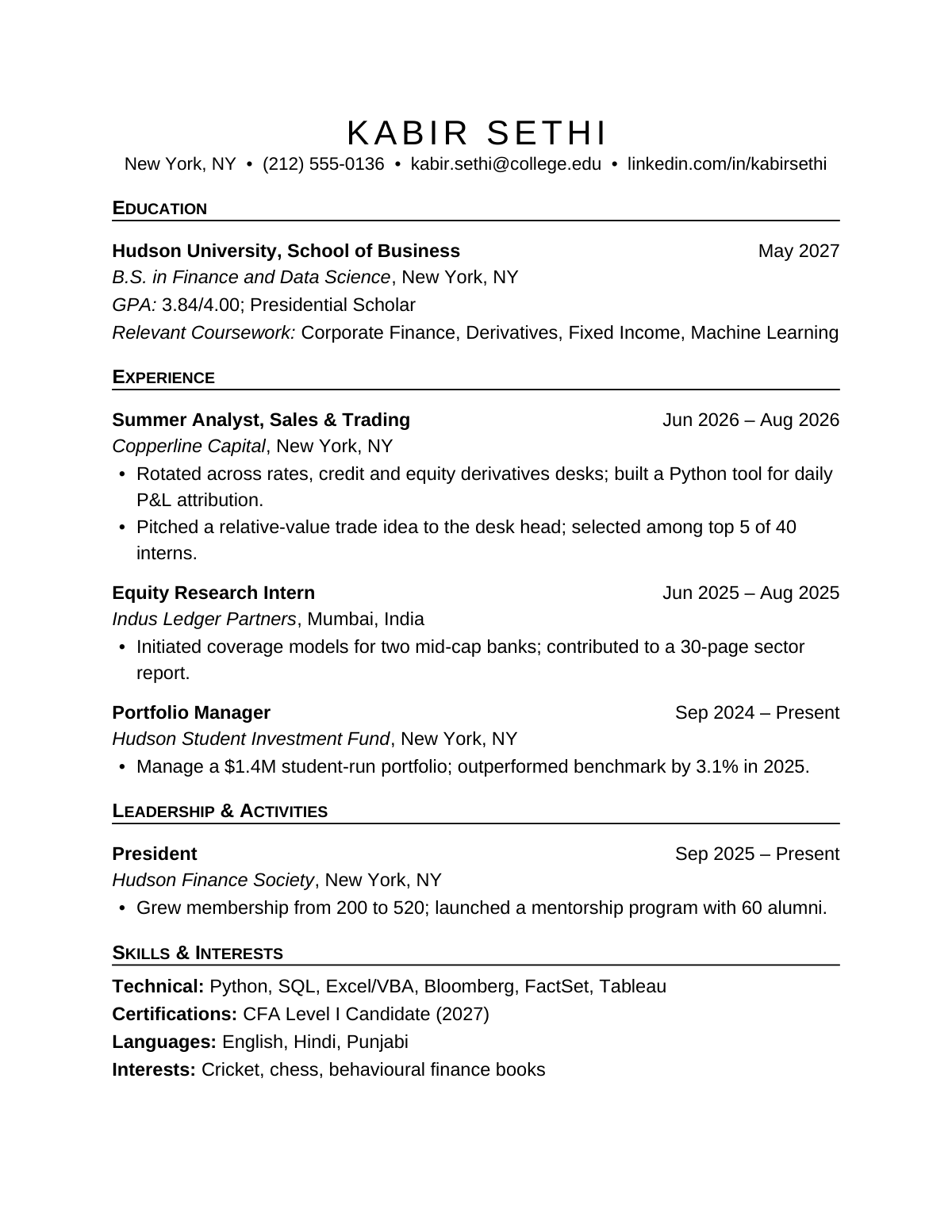 Ivy Classic Sheet — Finance — resume template preview