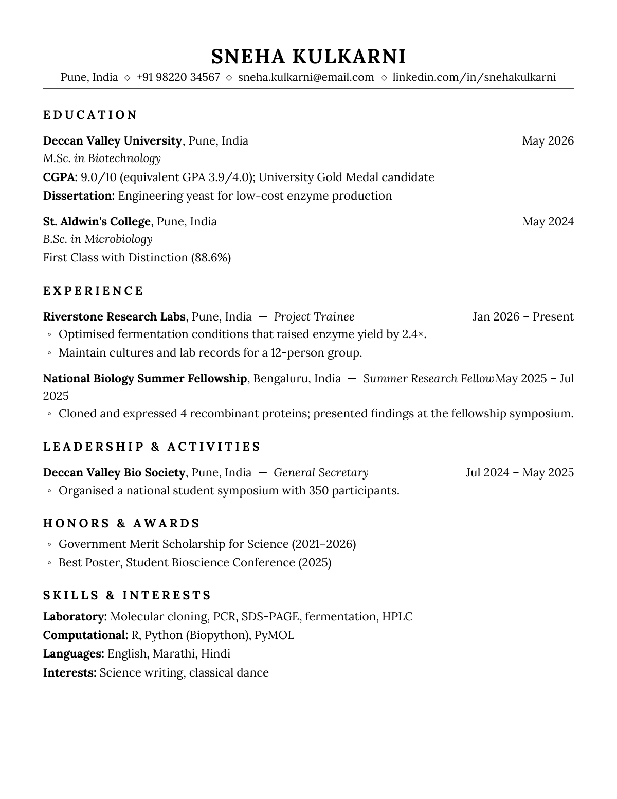 Ivy Elm Column — Biology (India) — resume template preview