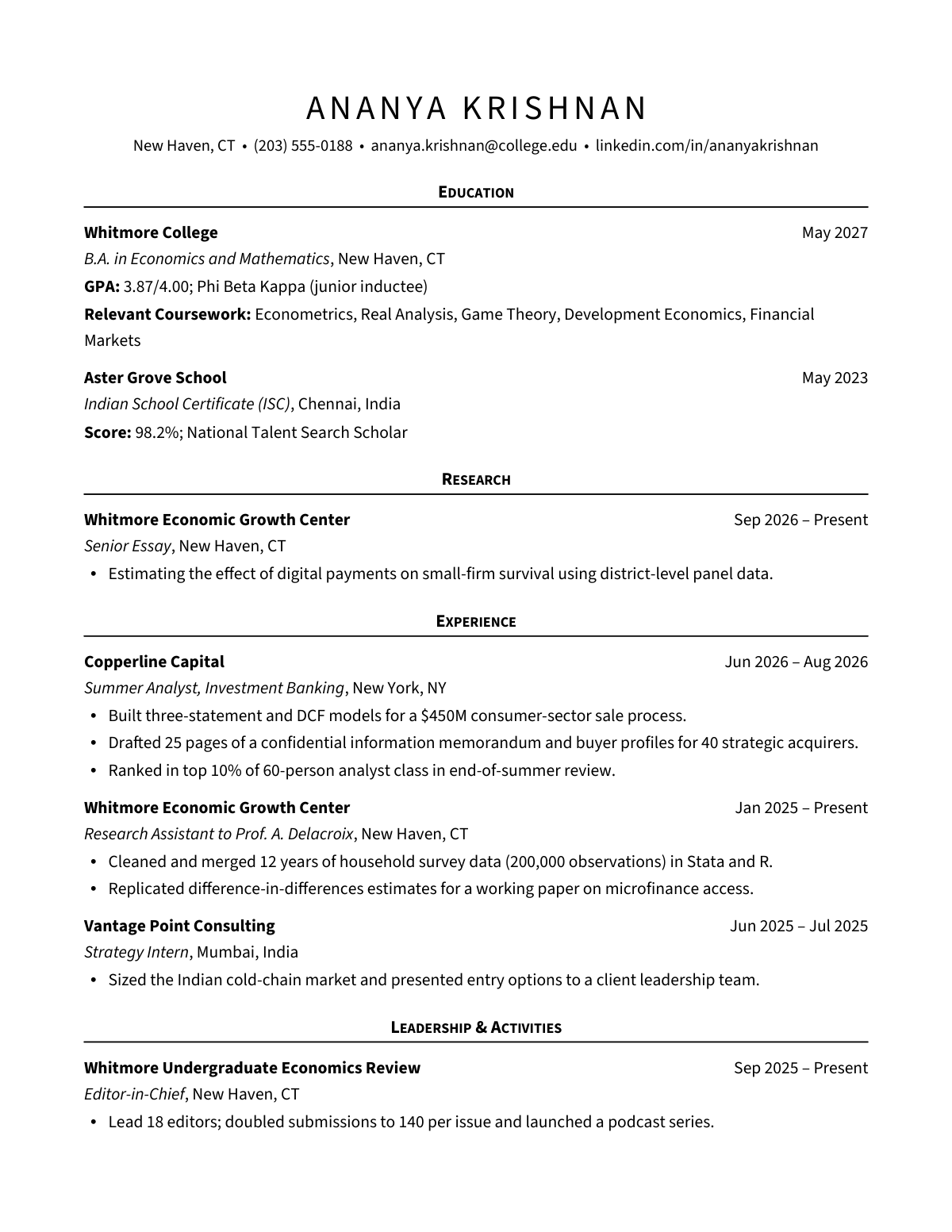 Ivy Charter Format — Economics — resume template preview